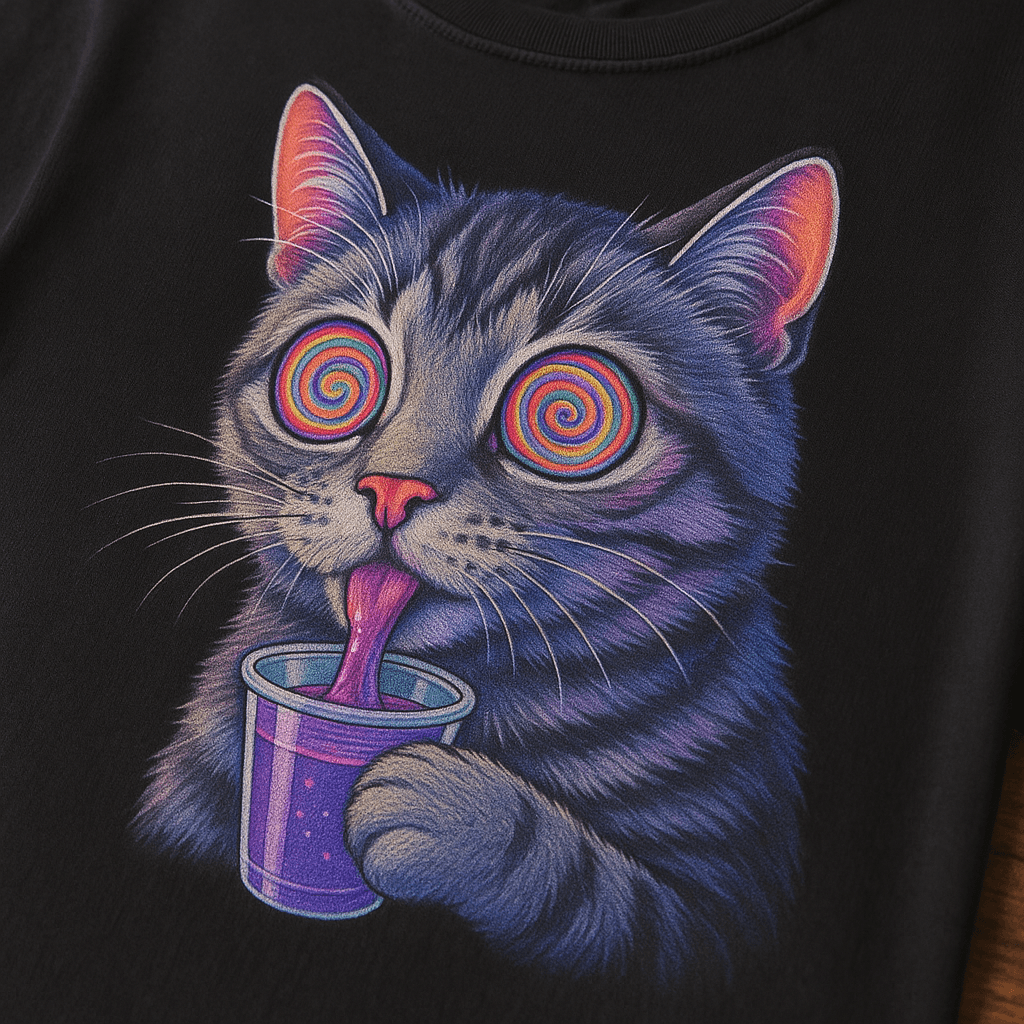 DTF potisk kočky na LSD tripu na bavlněném tričku